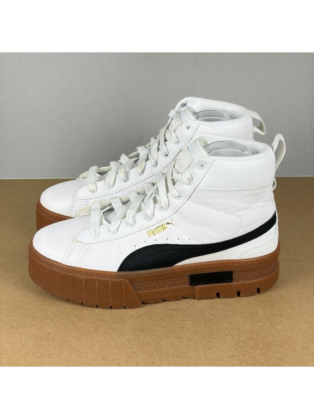 Puma Mayze Mid Platform Leather Sneakers Womens 9 White Black Gum Lace Up